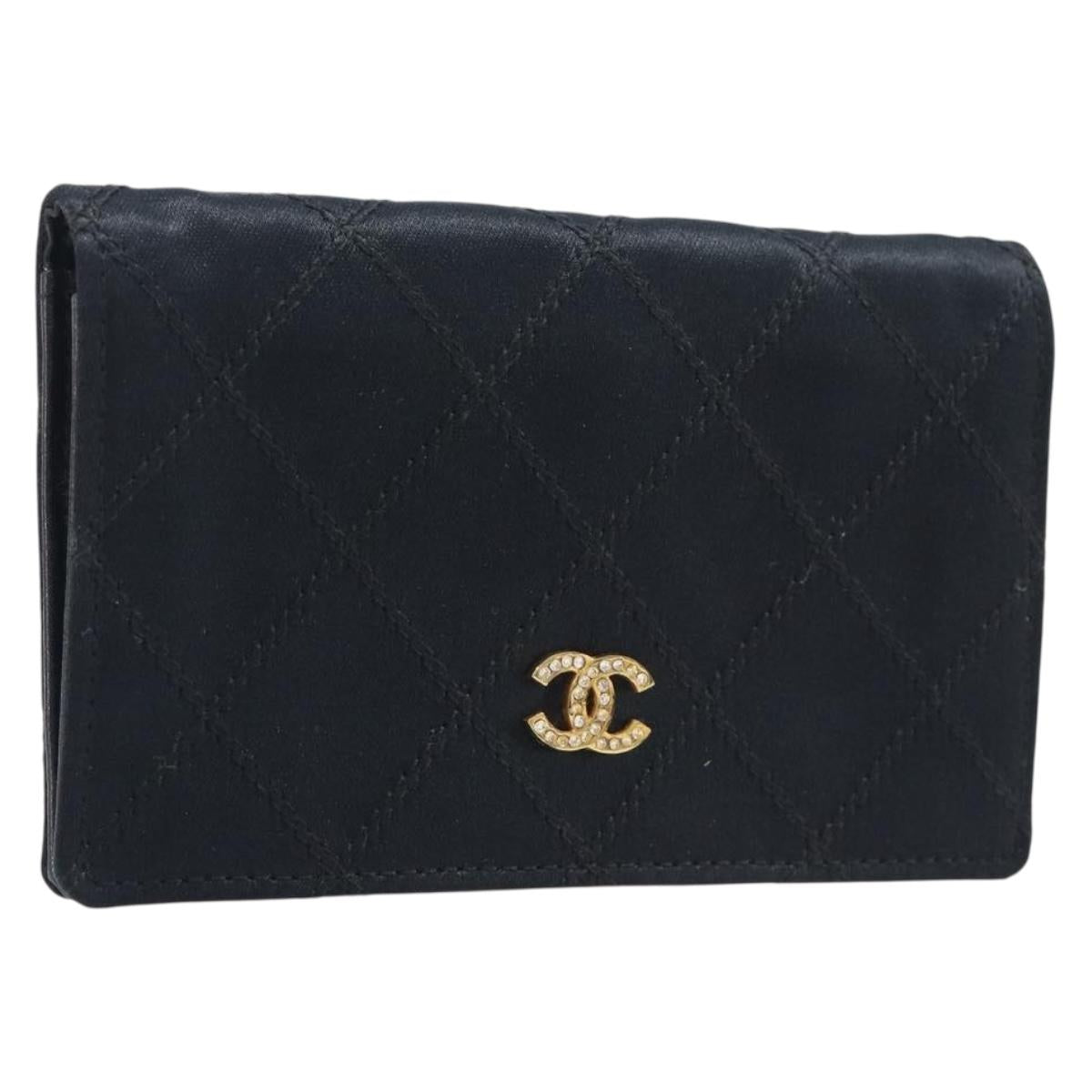 CHANEL Bicolore Card Case Satin Black Gold CC Auth 209845V