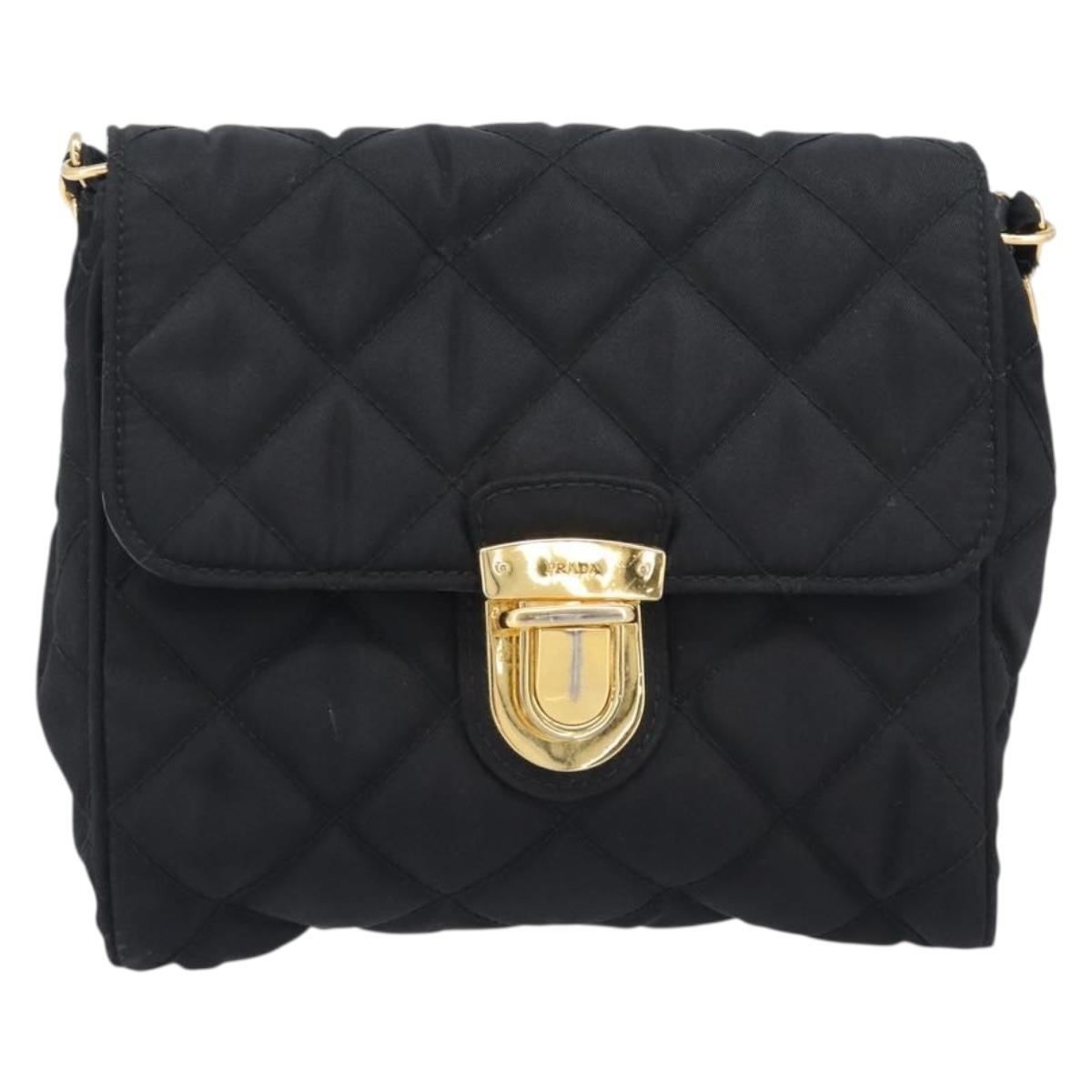 PRADA Chain Shoulder Bag Nylon Black Gold Auth 209862A