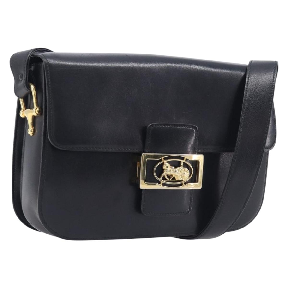 CELINE Horse Carriage Shoulder Bag Leather Black Gold Auth 209869V