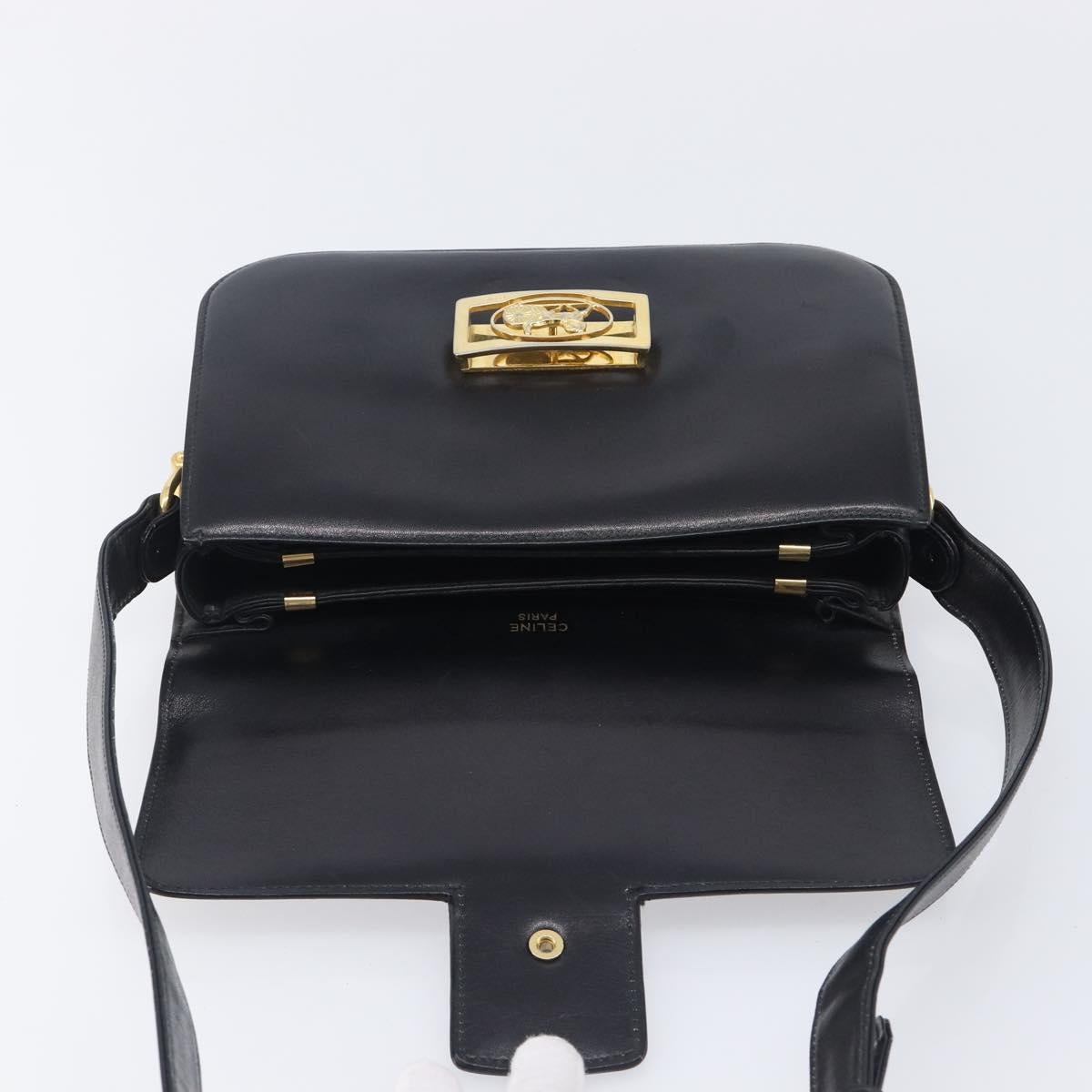 CELINE Horse Carriage Shoulder Bag Leather Black Gold Auth 209869V