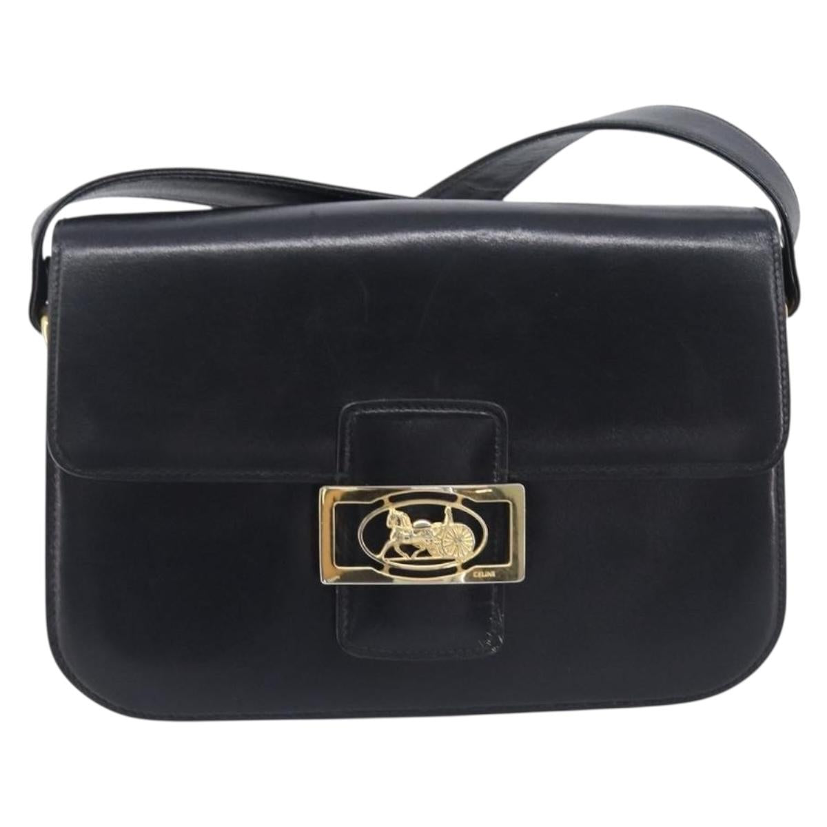 CELINE Horse Carriage Shoulder Bag Leather Black Gold Auth 209869V