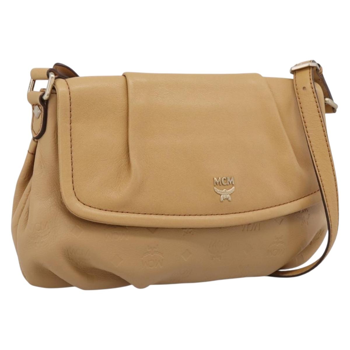 MCM Vicetos Logogram Shoulder Bag Leather Beige Gold Auth 209876A