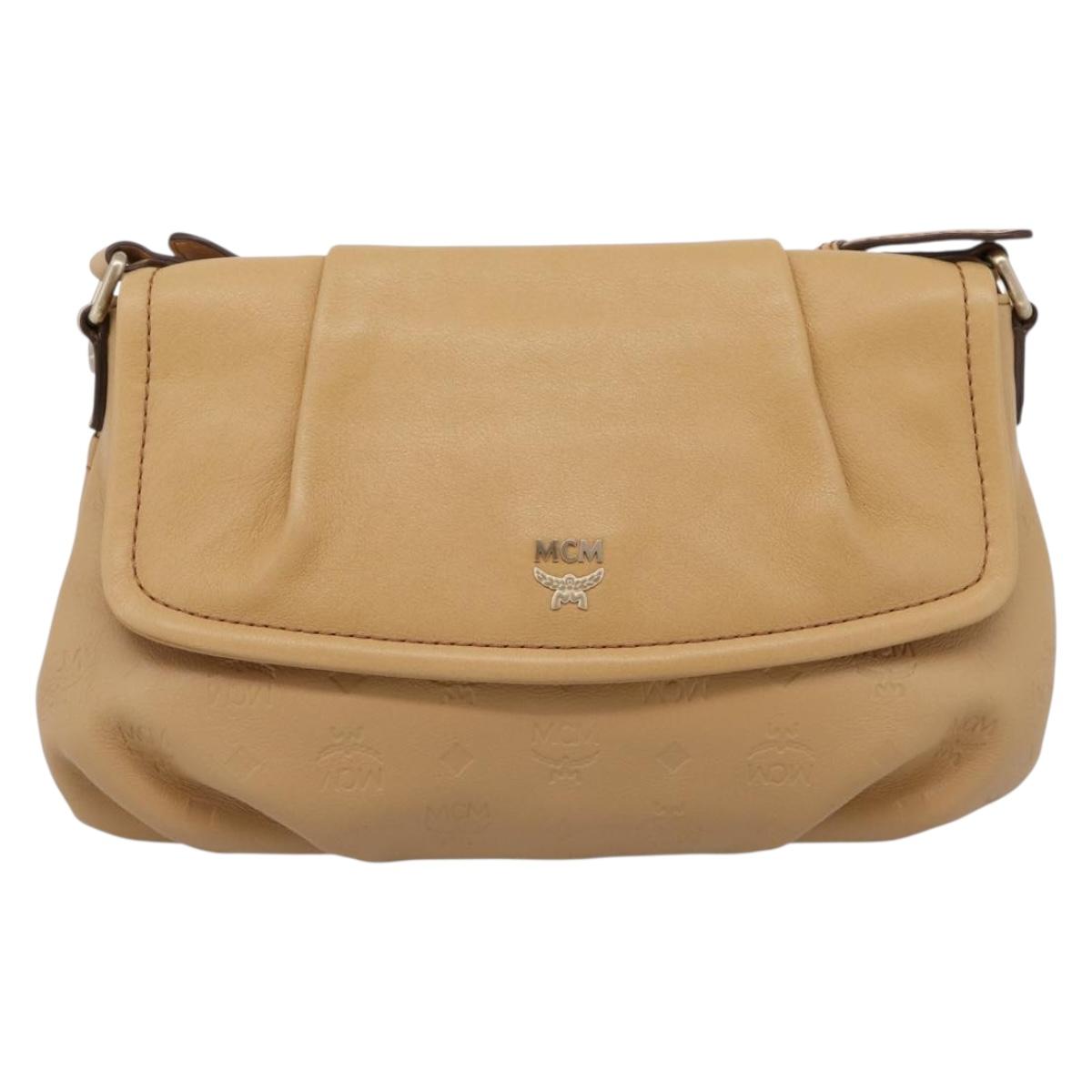 MCM Vicetos Logogram Shoulder Bag Leather Beige Gold Auth 209876A