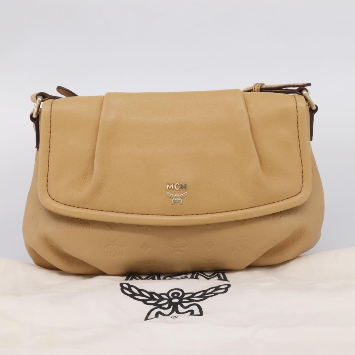 MCM Vicetos Logogram Shoulder Bag Leather Beige Gold Auth 209876A