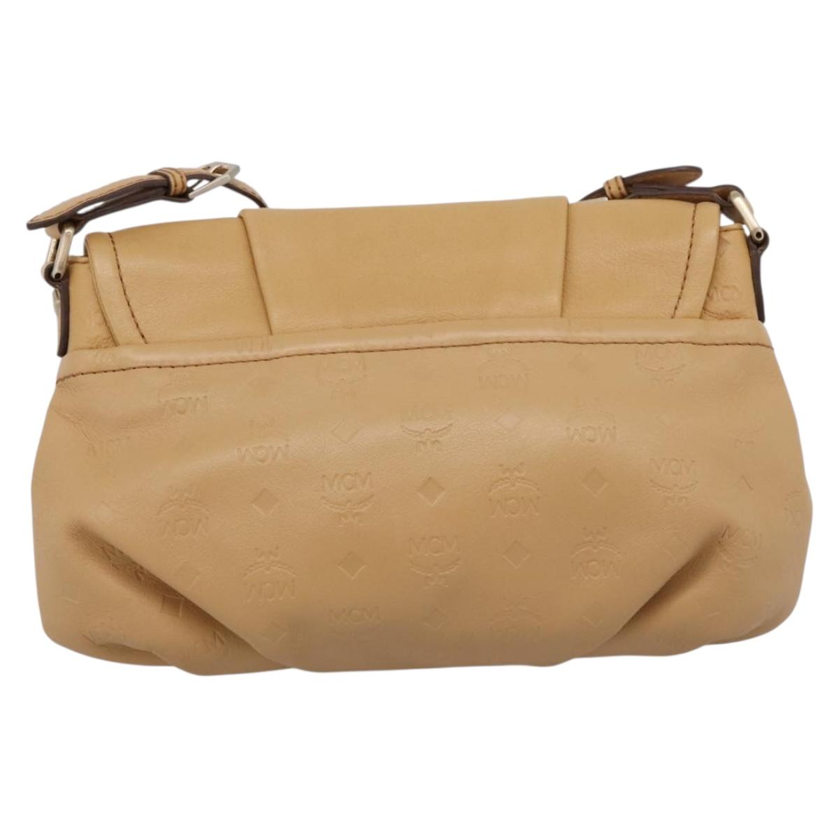 MCM Vicetos Logogram Shoulder Bag Leather Beige Gold Auth 209876A