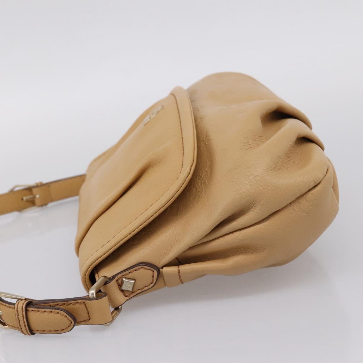 MCM Vicetos Logogram Shoulder Bag Leather Beige Gold Auth 209876A