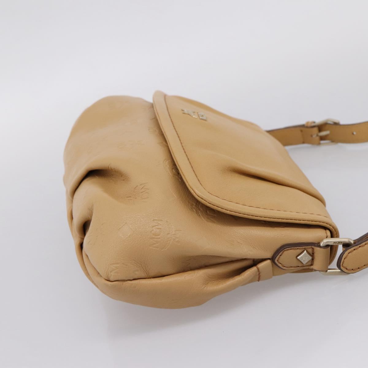 MCM Vicetos Logogram Shoulder Bag Leather Beige Gold Auth 209876A