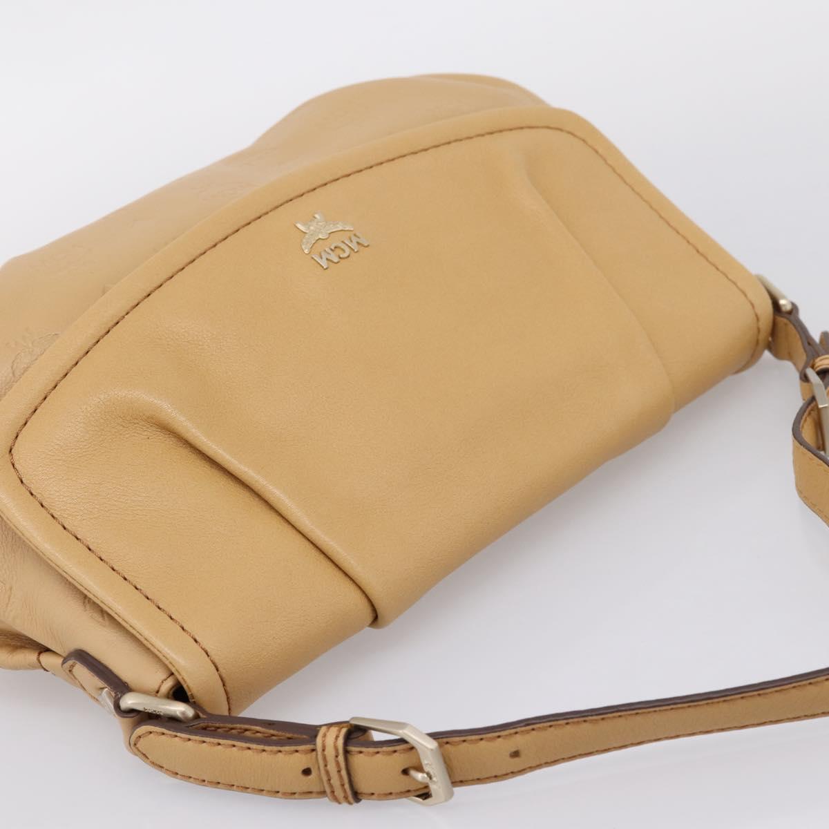 MCM Vicetos Logogram Shoulder Bag Leather Beige Gold Auth 209876A