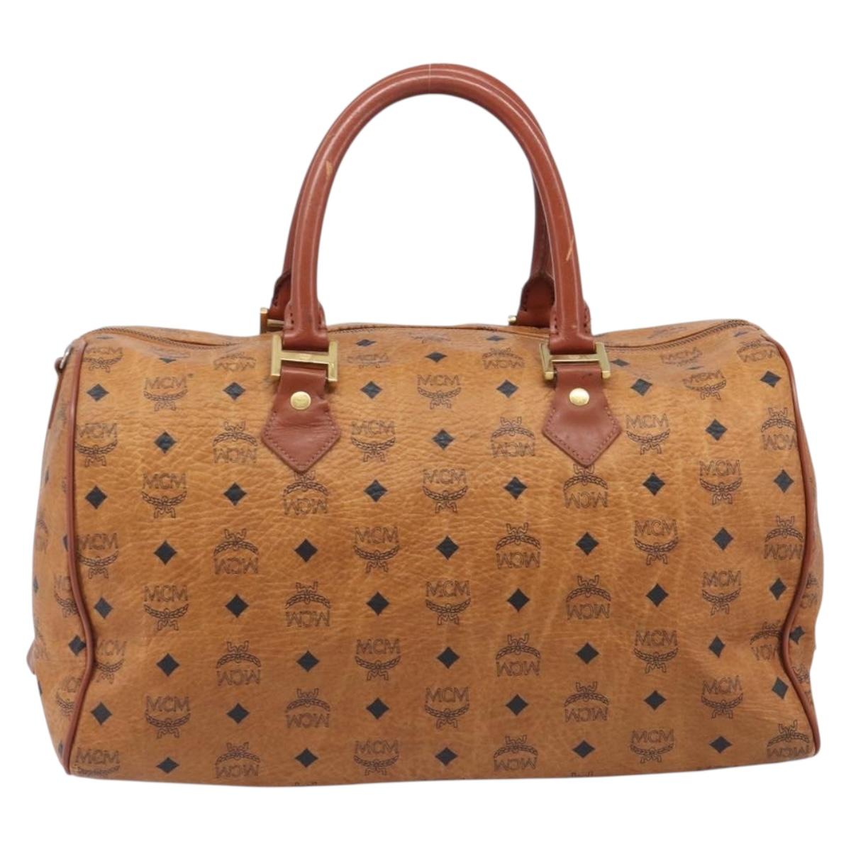 MCM Logogram Vicetos Boston Bag PVC Leather Brown Gold Auth 209877