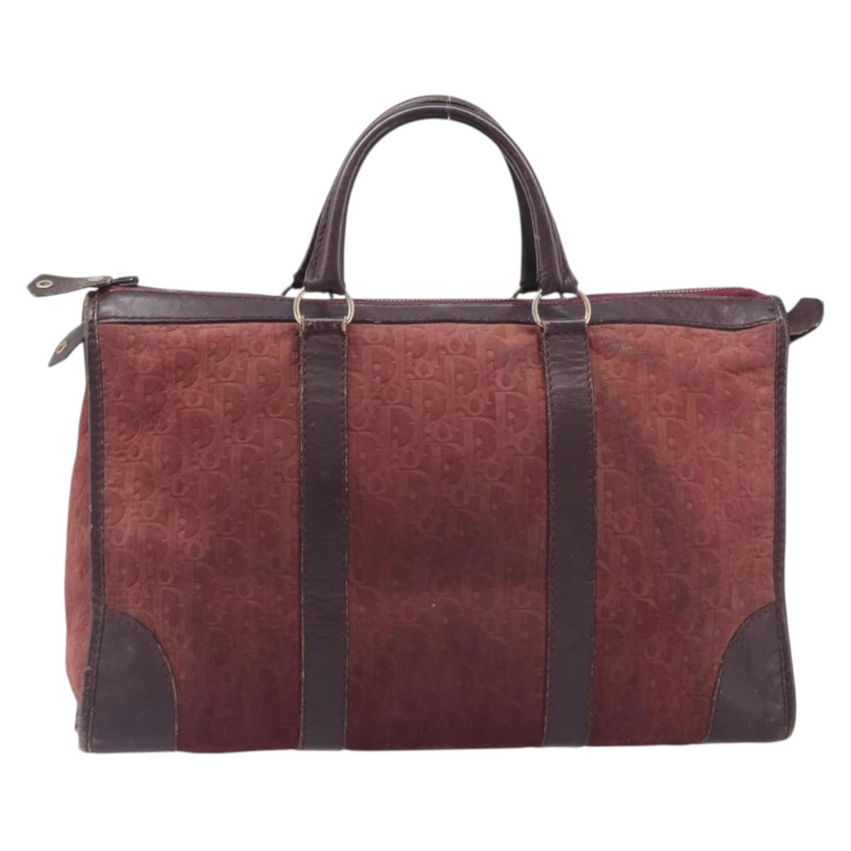 Christian Dior Trotter Canvas Hand Bag Suede Bordeaux Gold Auth 209880