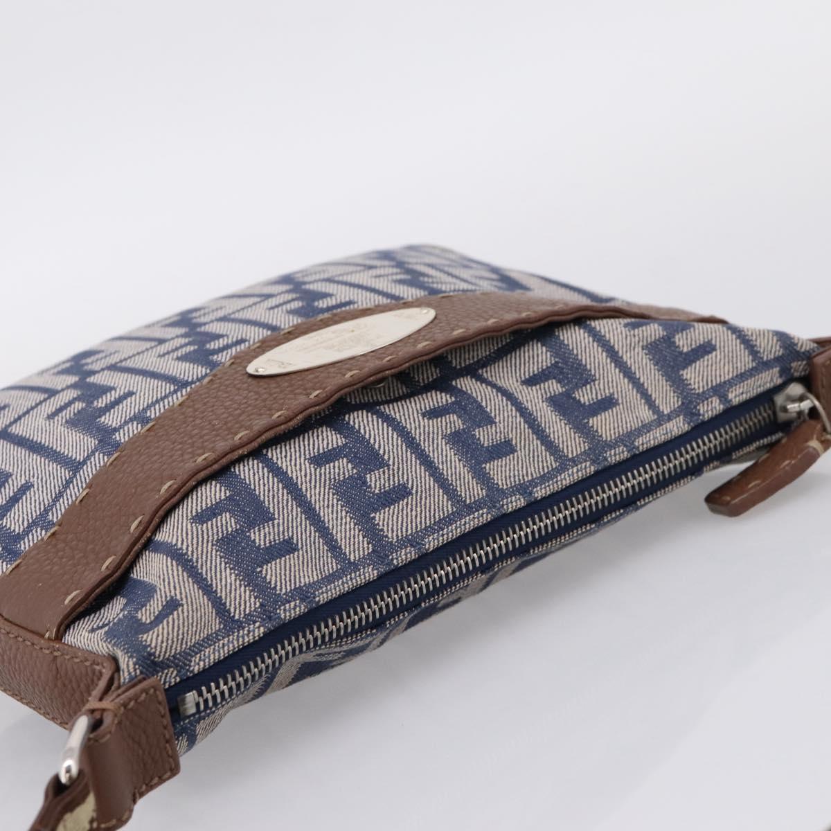 FENDI Zucca Canvas Celeria Shoulder Bag Navy Silver 8BT092 Auth 209895A