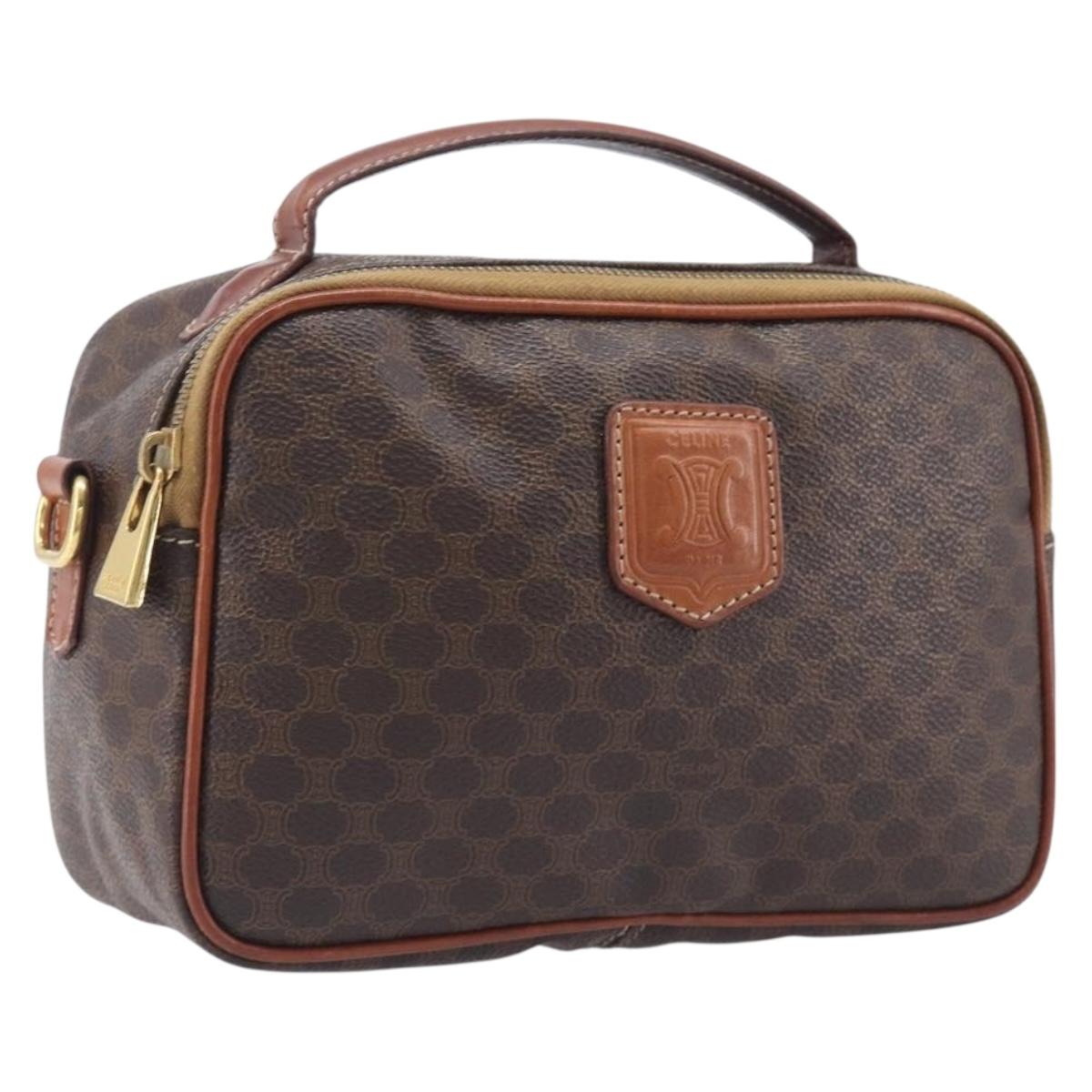 CELINE Macadam Canvas Vanity Cosmetic Pouch PVC Leather Brown Gold Auth 209901