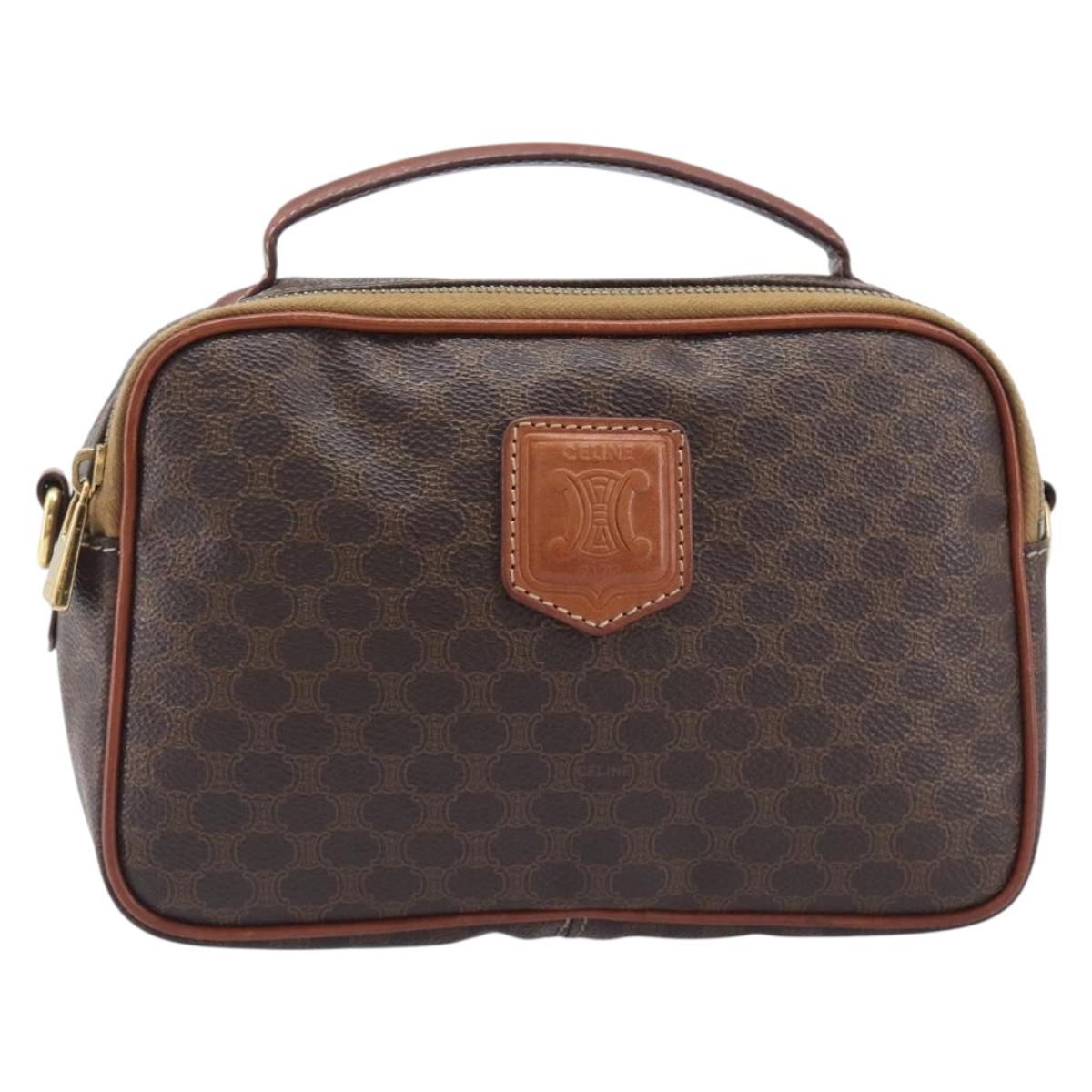 CELINE Macadam Canvas Vanity Cosmetic Pouch PVC Leather Brown Gold Auth 209901