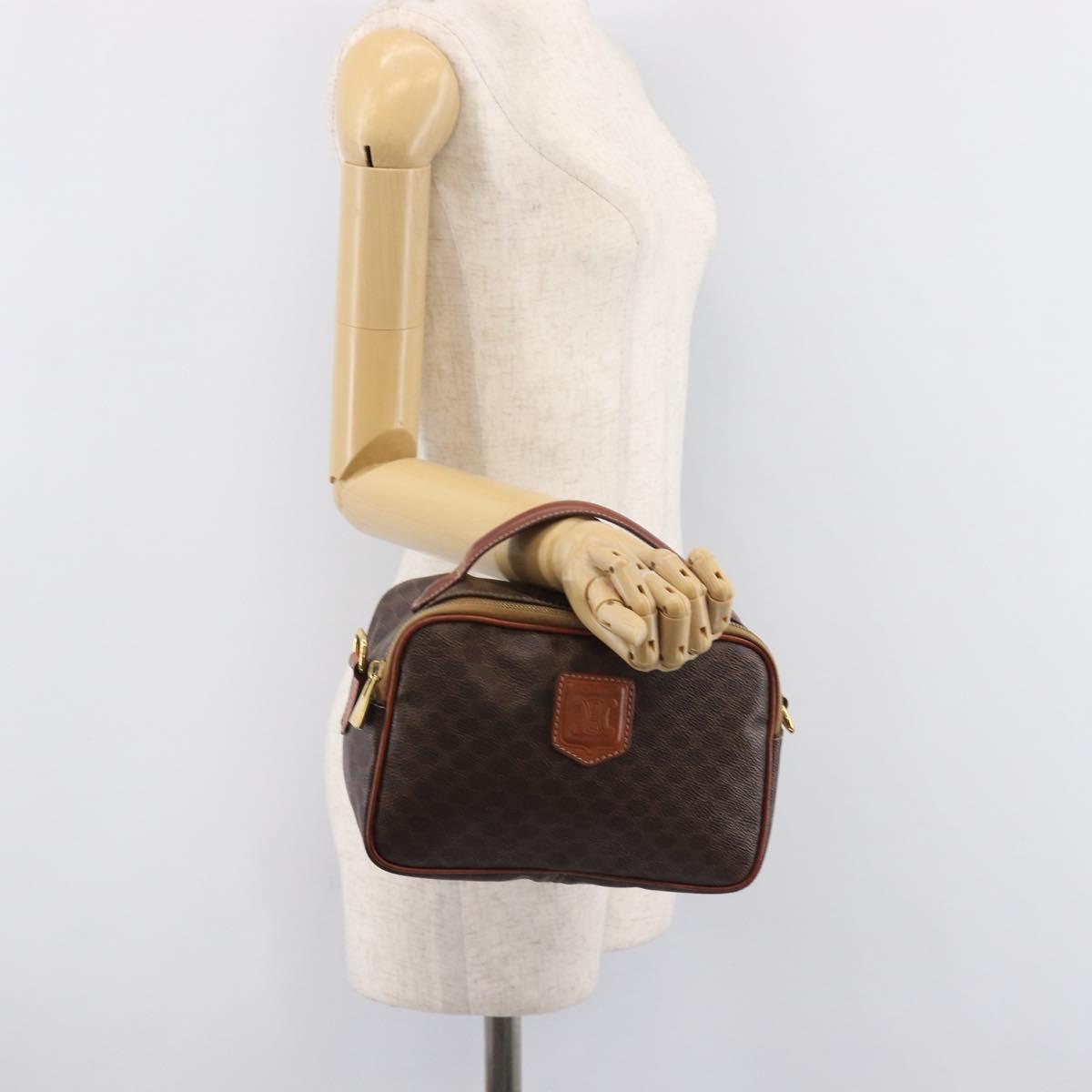 CELINE Macadam Canvas Vanity Cosmetic Pouch PVC Leather Brown Gold Auth 209901