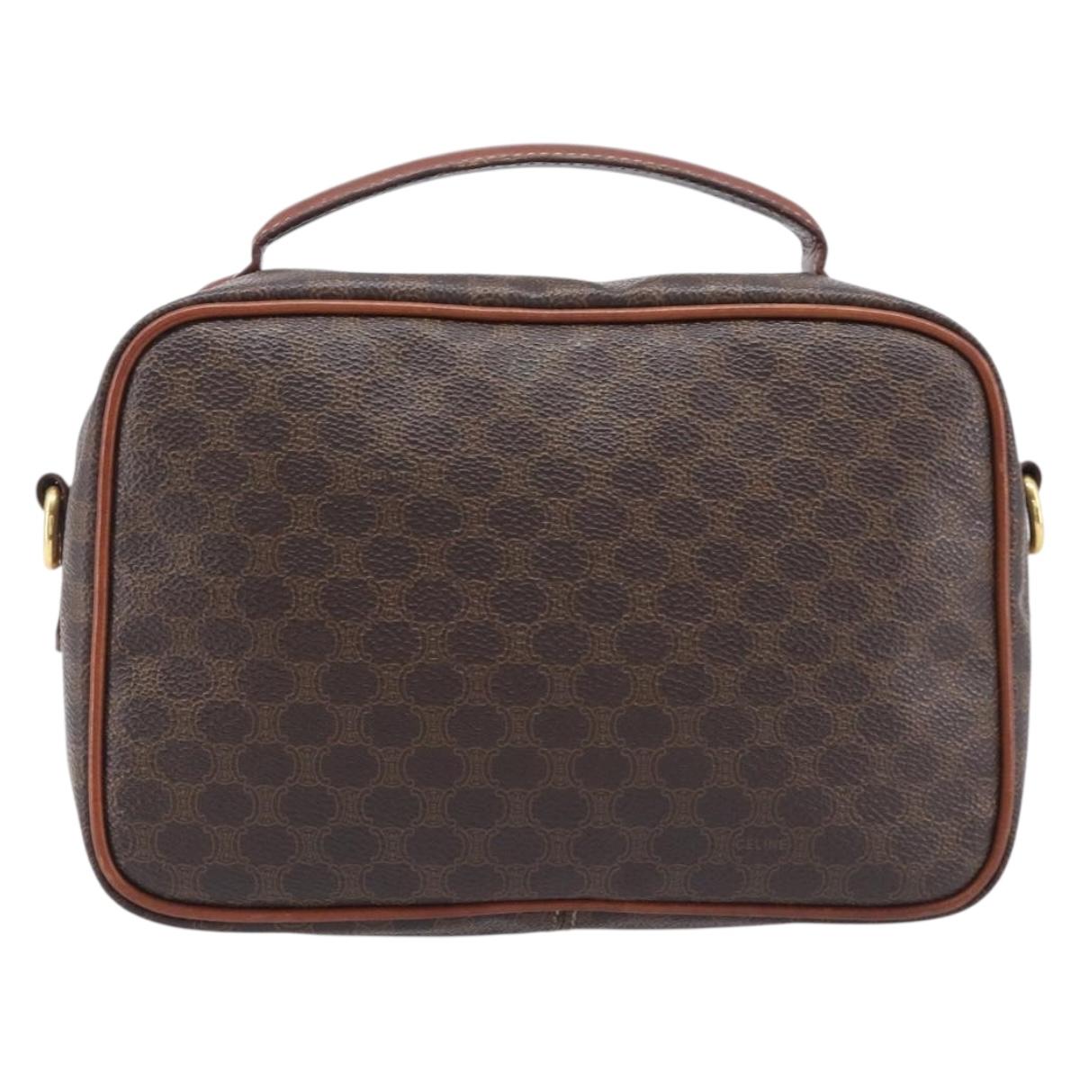CELINE Macadam Canvas Vanity Cosmetic Pouch PVC Leather Brown Gold Auth 209901