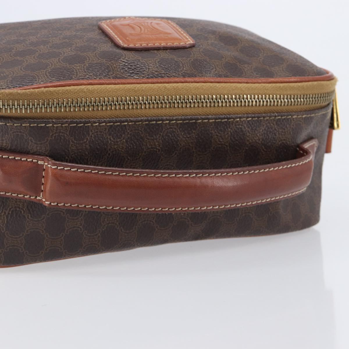 CELINE Macadam Canvas Vanity Cosmetic Pouch PVC Leather Brown Gold Auth 209901