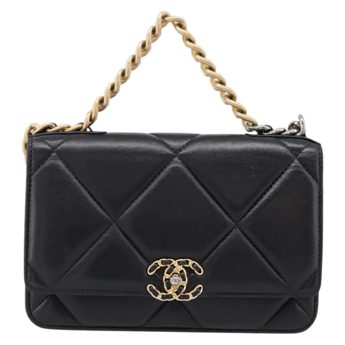 CHANEL Matelasse19 Chain Shoulder Bag Leather 2way Black Gold CC Auth 209912M