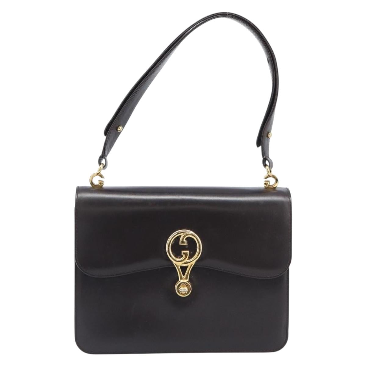 GUCCI Shoulder Bag Leather Brown Gold Auth 209924