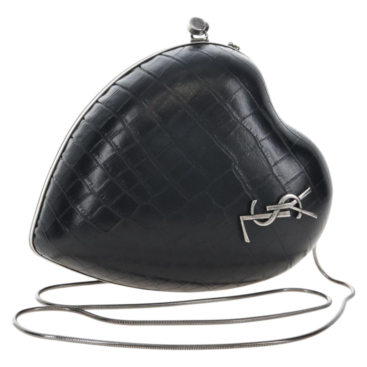 Saint Laurent Chain Love Box Shoulder Bag Leather Black Silver Auth 209941M