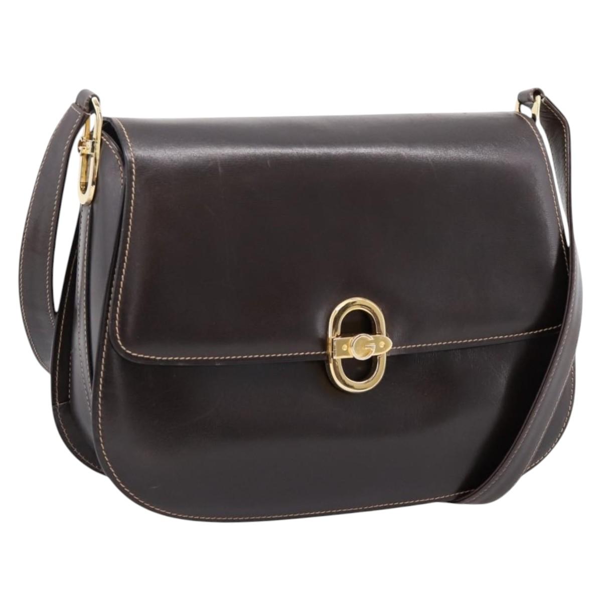 GUCCI Shoulder Bag Leather Brown Gold Auth 209942V