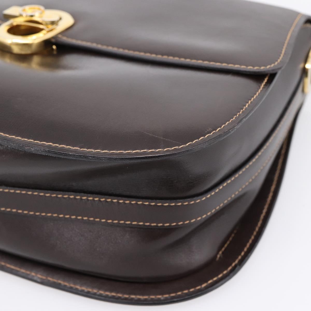 GUCCI Shoulder Bag Leather Brown Gold Auth 209942V