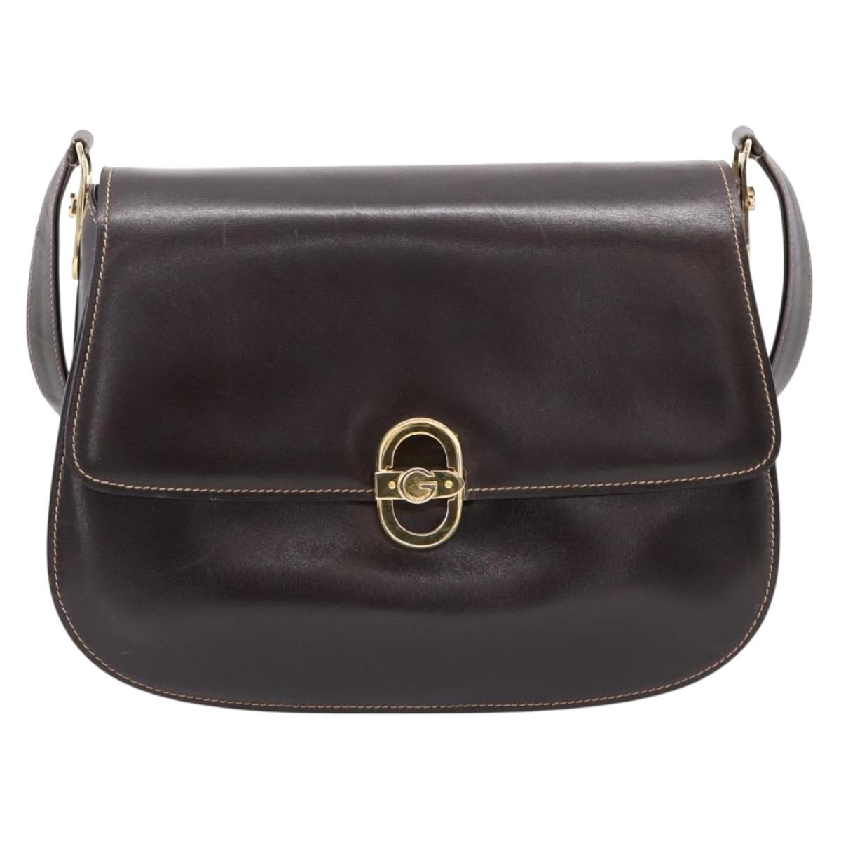 GUCCI Shoulder Bag Leather Brown Gold Auth 209942V