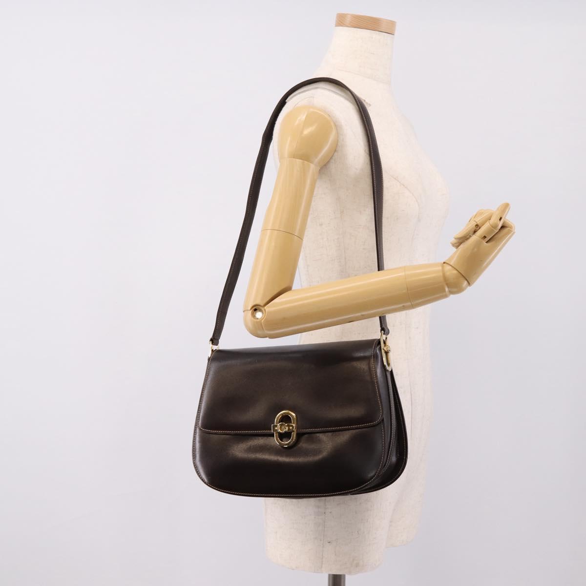GUCCI Shoulder Bag Leather Brown Gold Auth 209942V
