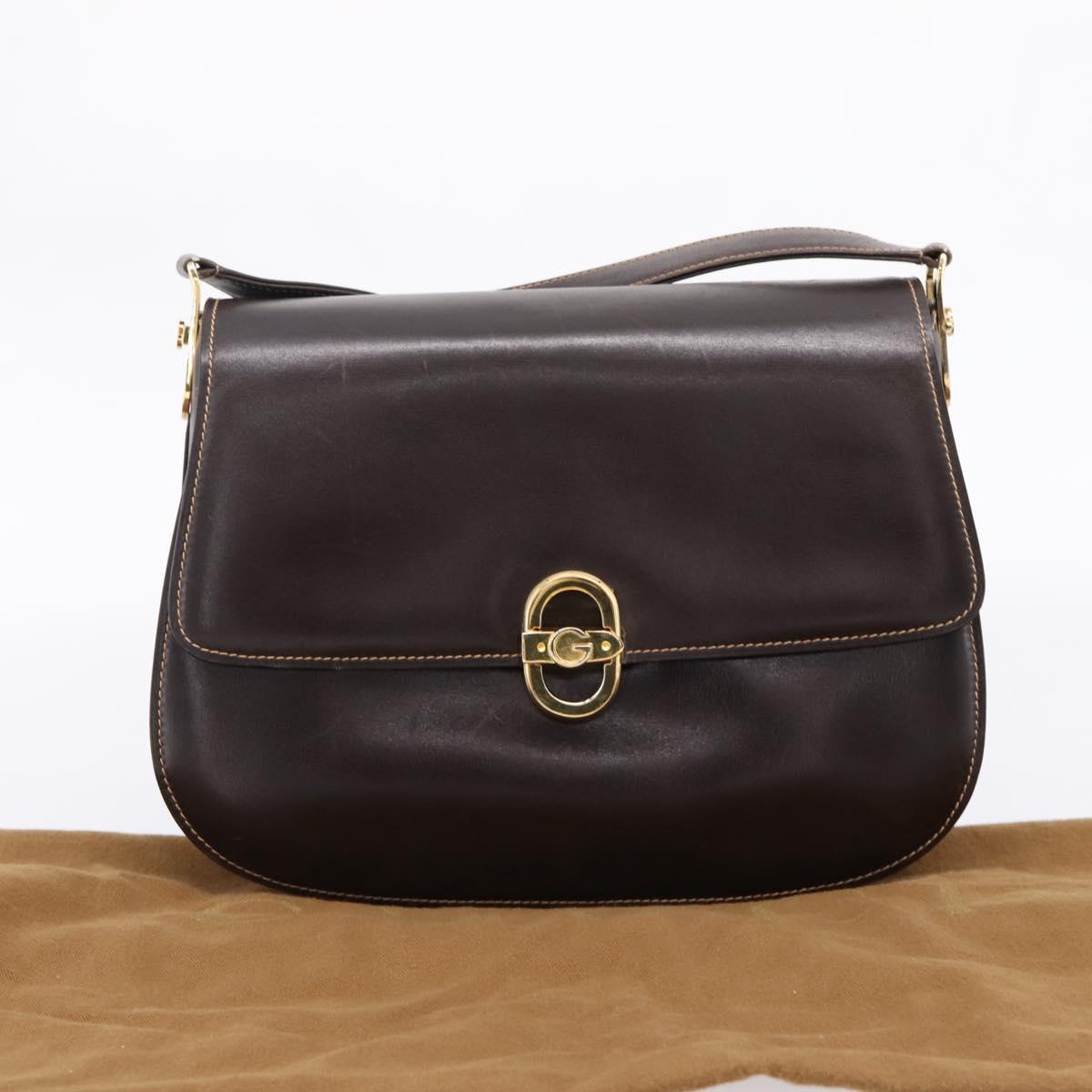 GUCCI Shoulder Bag Leather Brown Gold Auth 209942V