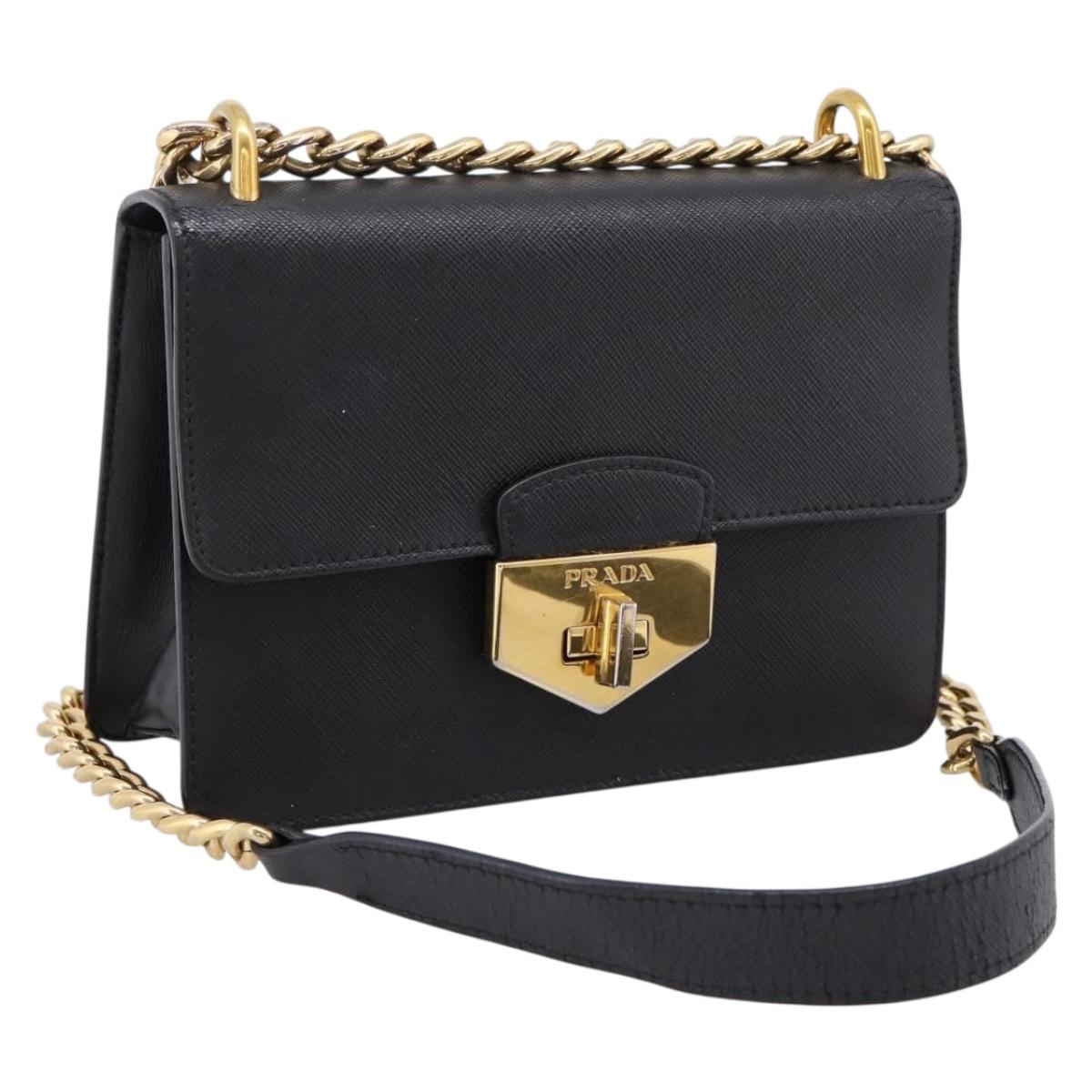 PRADA Chain Shoulder Bag Safiano Leather Black Gold Auth 209945V