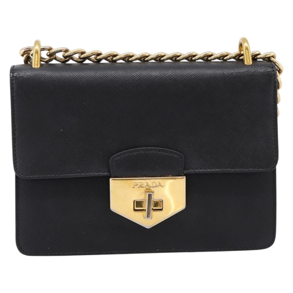 PRADA Chain Shoulder Bag Safiano Leather Black Gold Auth 209945V