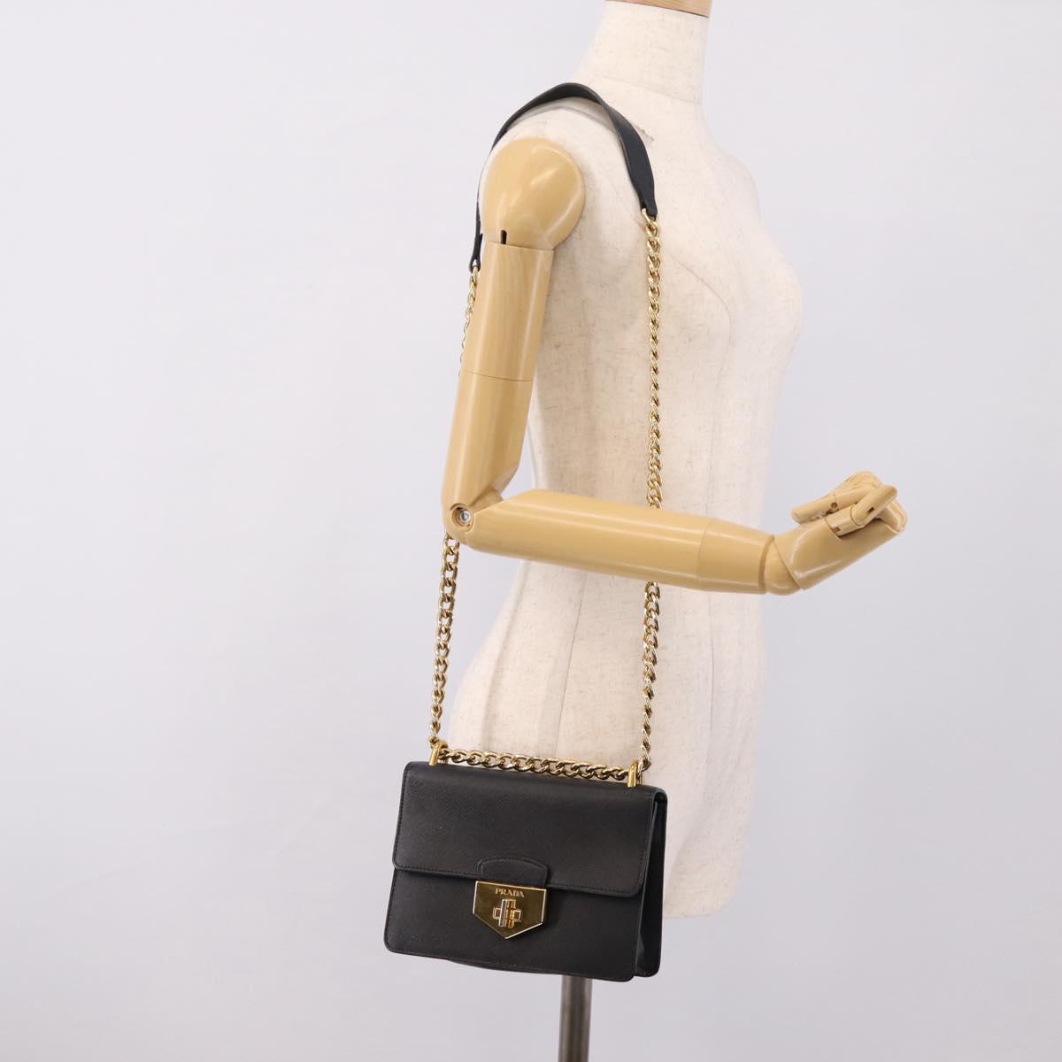 PRADA Chain Shoulder Bag Safiano Leather Black Gold Auth 209945V