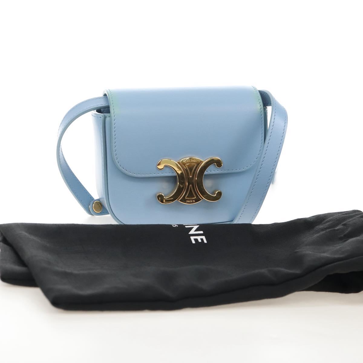 CELINE Triomphe Mini Claude Shoulder Bag Leather Light Blue Auth 209947V