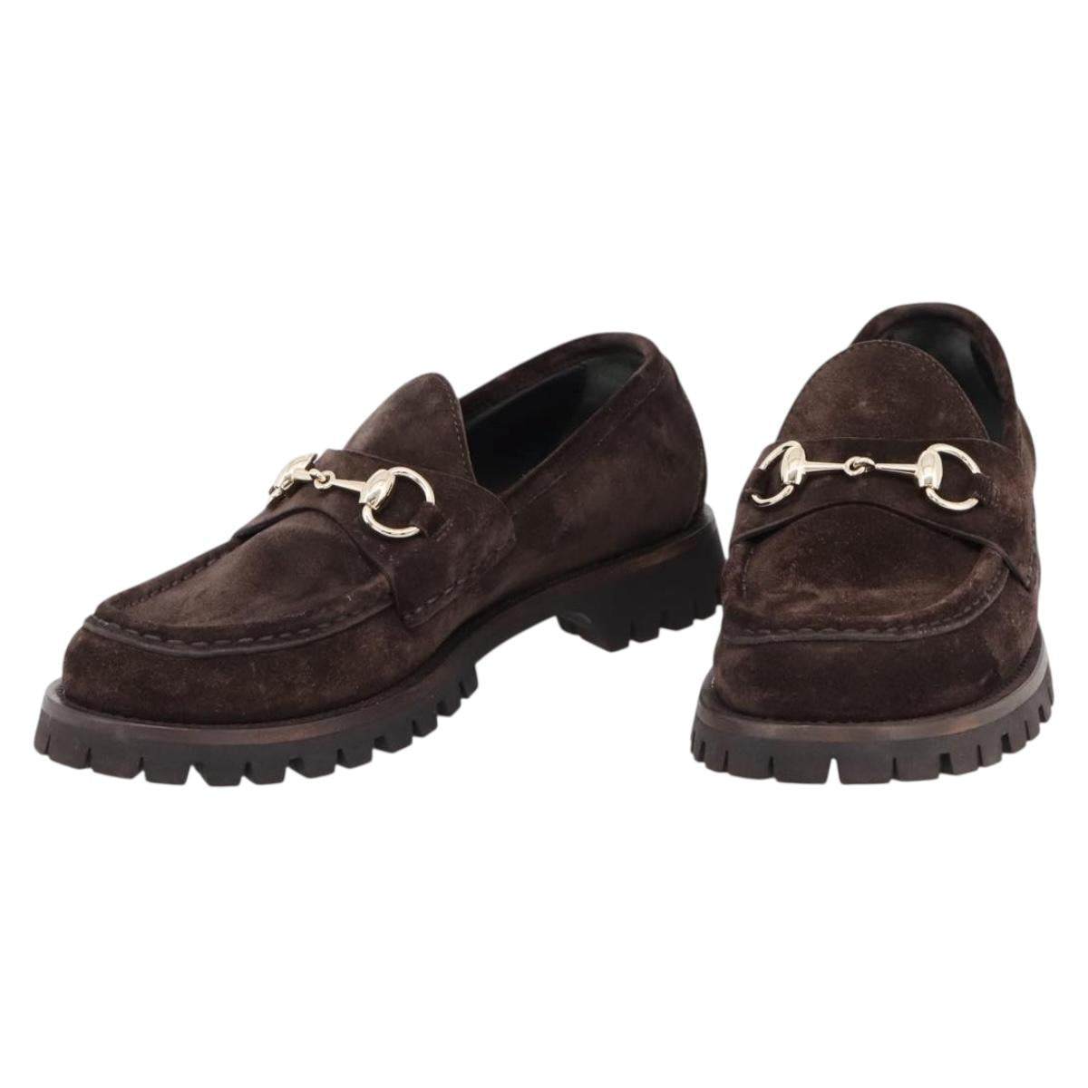 GUCCI Horsebit Loafers Suede 23.5 cm Brown Gold Auth 209950V