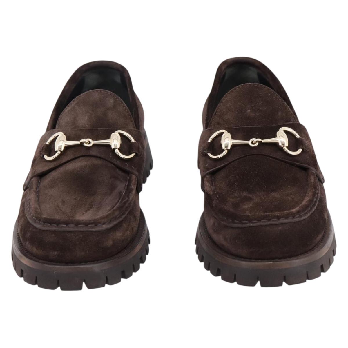 GUCCI Horsebit Loafers Suede 23.5 cm Brown Gold Auth 209950V