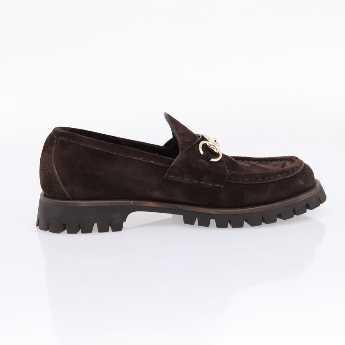 GUCCI Horsebit Loafers Suede 23.5 cm Brown Gold Auth 209950V