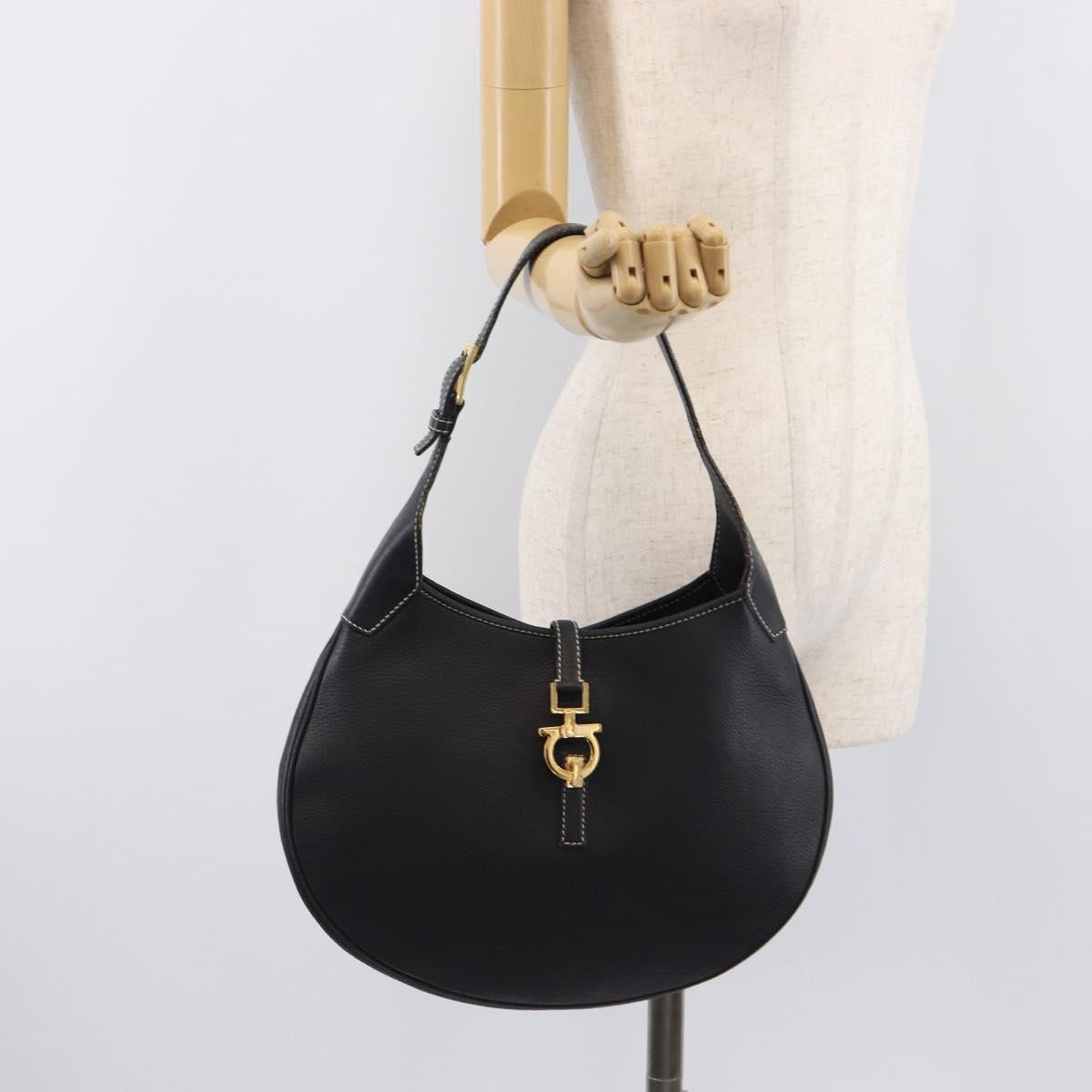 Salvatore Ferragamo Gancini Shoulder Bag Leather Black Gold Auth 209958A