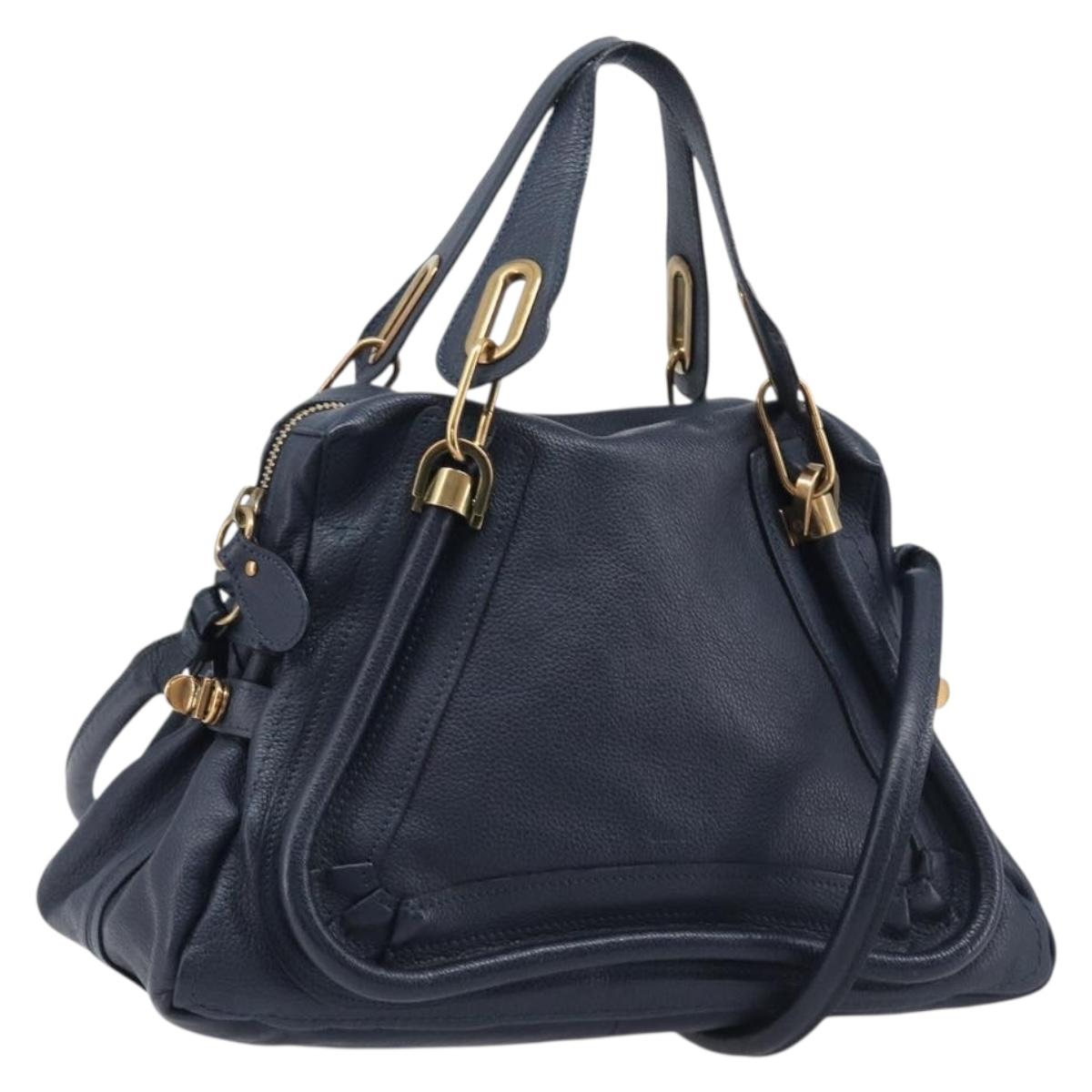 Chloe Paraty Hand Bag Leather 2way Navy Gold Auth 209959V