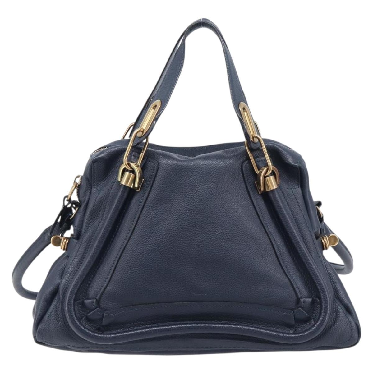 Chloe Paraty Hand Bag Leather 2way Navy Gold Auth 209959V