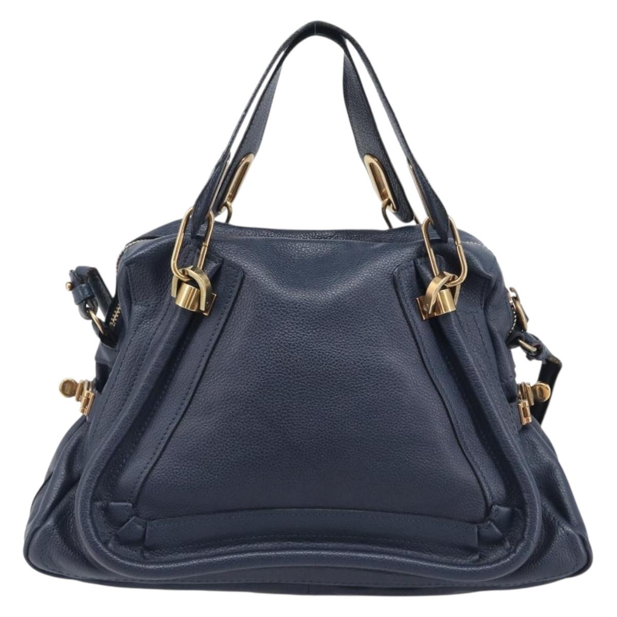 Chloe Paraty Hand Bag Leather 2way Navy Gold Auth 209959V