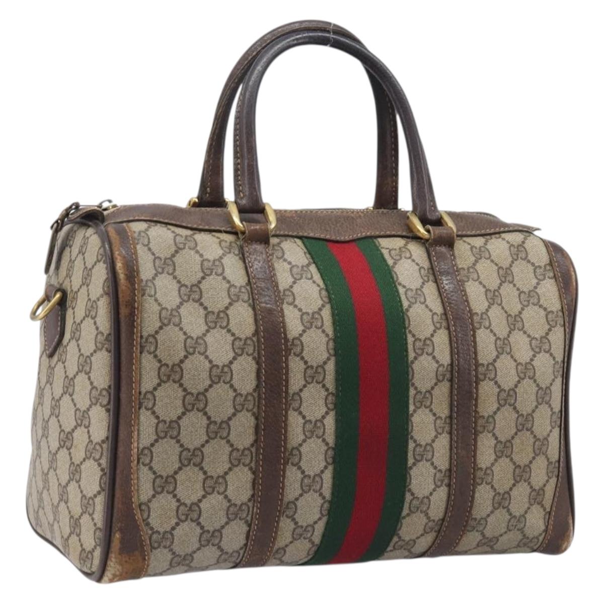 GUCCI GG Supreme Web Sherry Line Boston Bag PVC Beige Gold Auth 209967