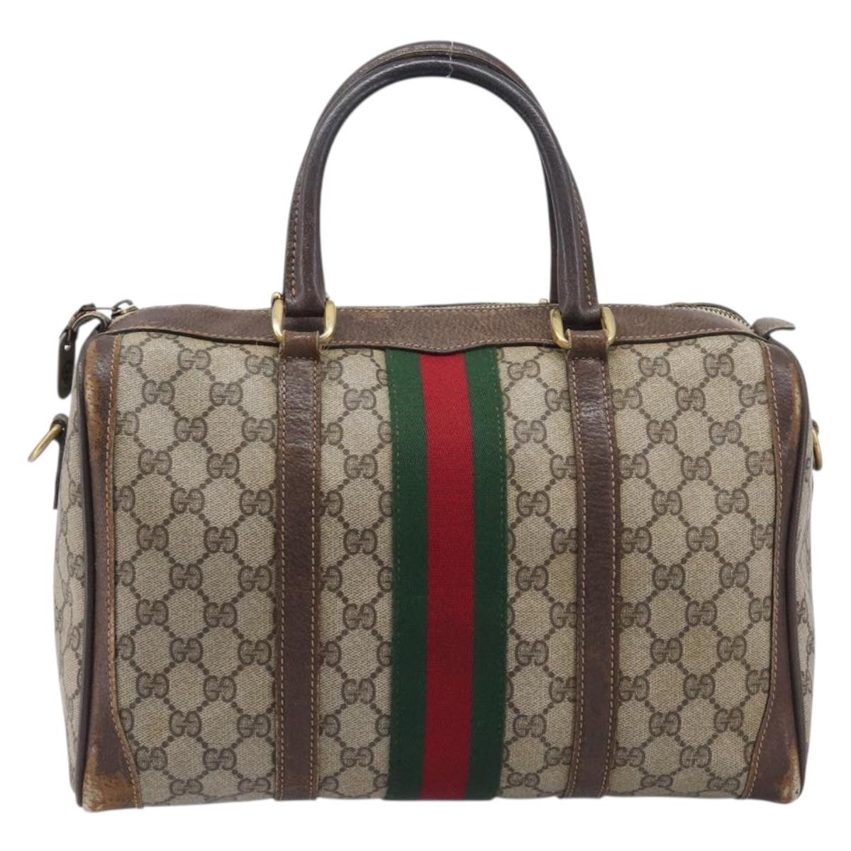 GUCCI GG Supreme Web Sherry Line Boston Bag PVC Beige Gold Auth 209967