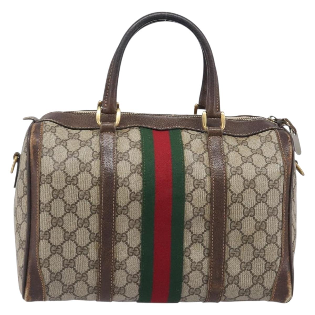 GUCCI GG Supreme Web Sherry Line Boston Bag PVC Beige Gold Auth 209967