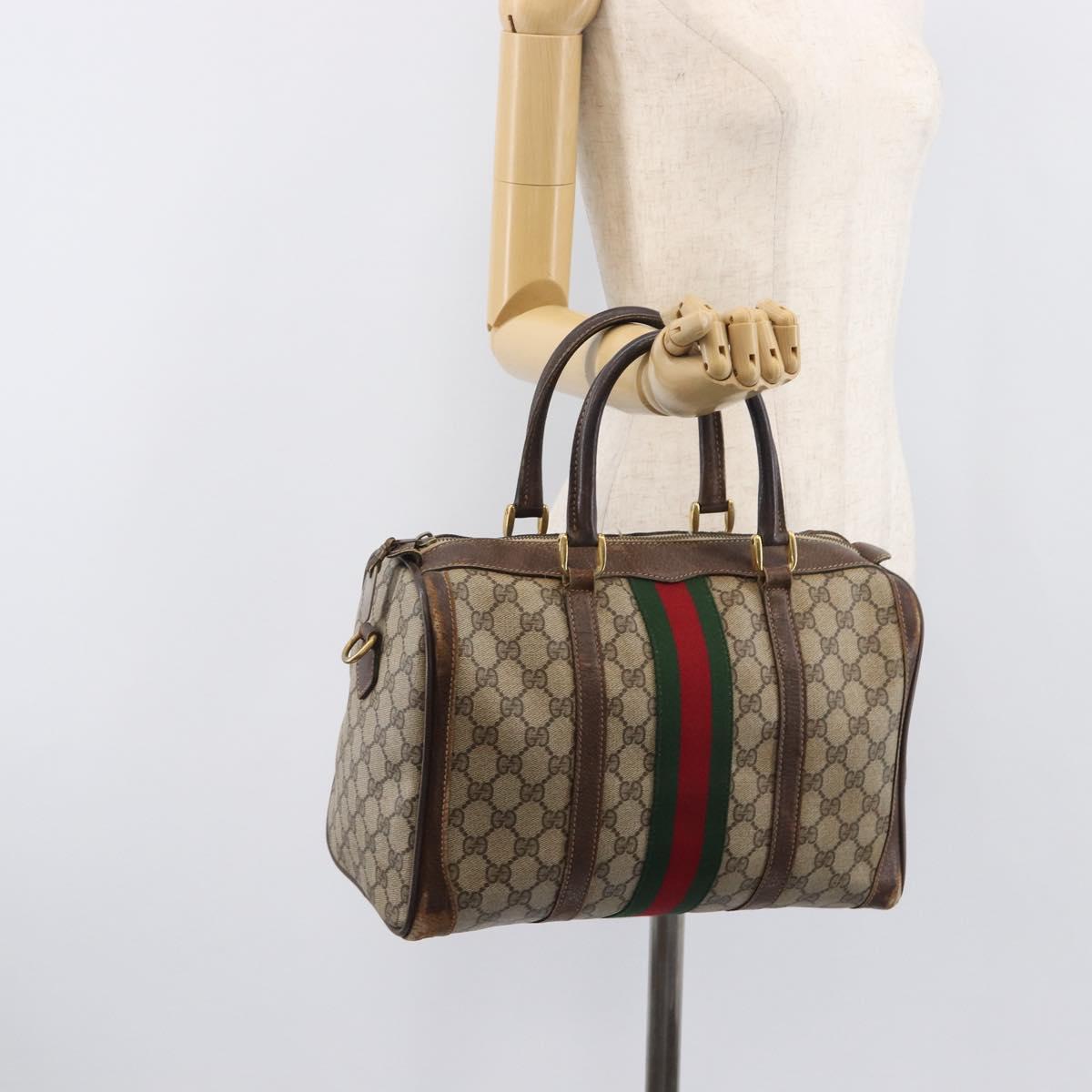 GUCCI GG Supreme Web Sherry Line Boston Bag PVC Beige Gold Auth 209967