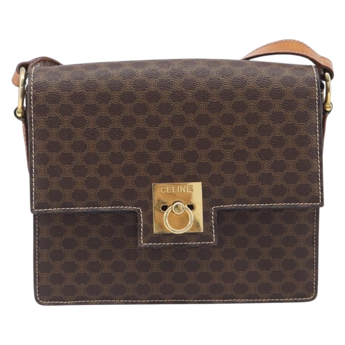 CELINE Macadam Canvas Shoulder Bag PVC Leather Brown Gold Auth 209978A