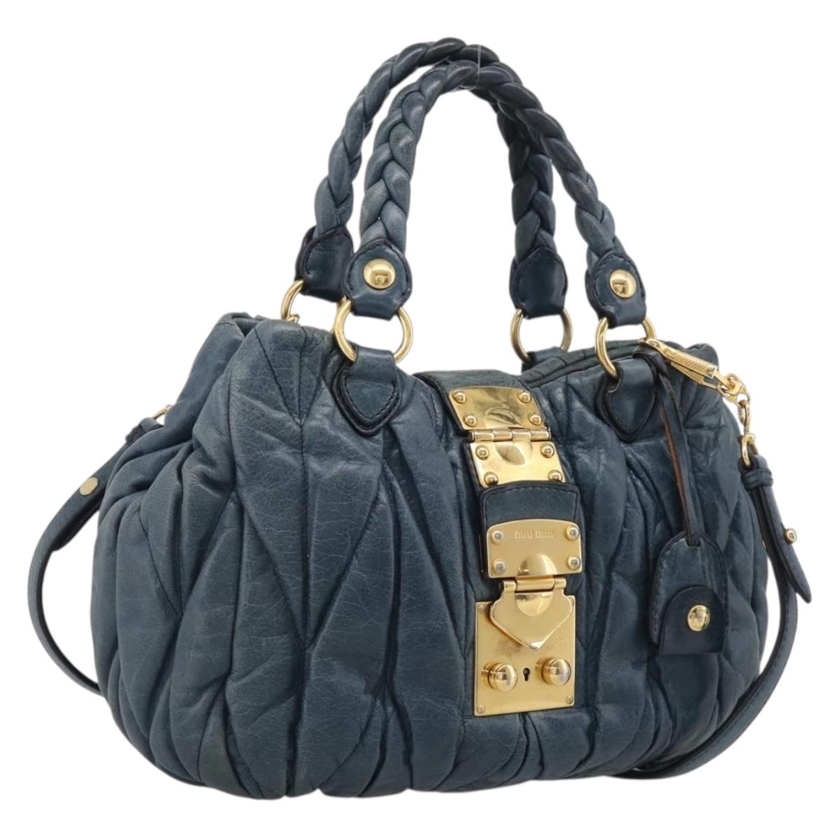Miu Miu Hand Bag Vitellolux 2way Navy Gold Auth 209982A