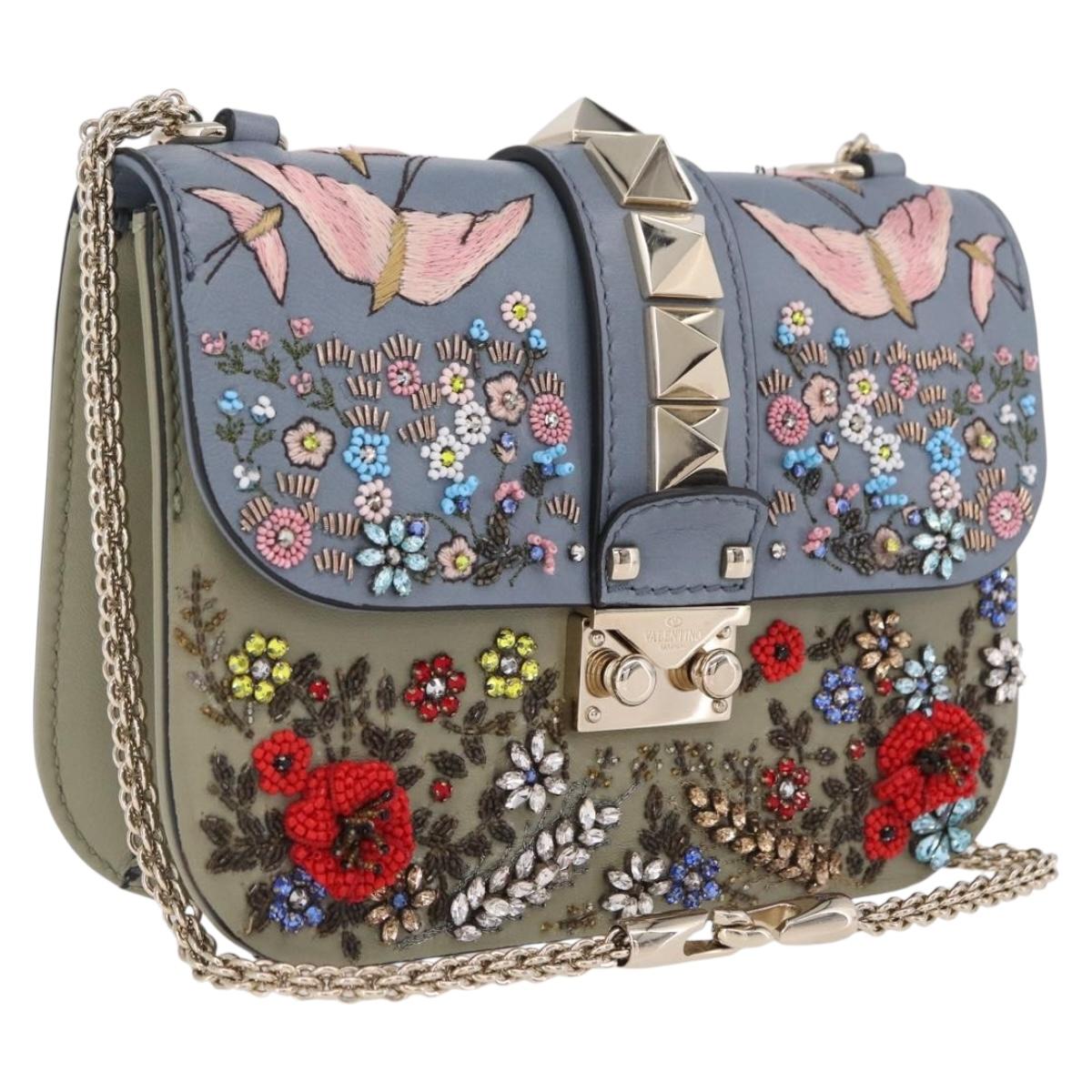 Valentino Chain Shoulder Bag Leather Light Blue Gold Auth 209984V
