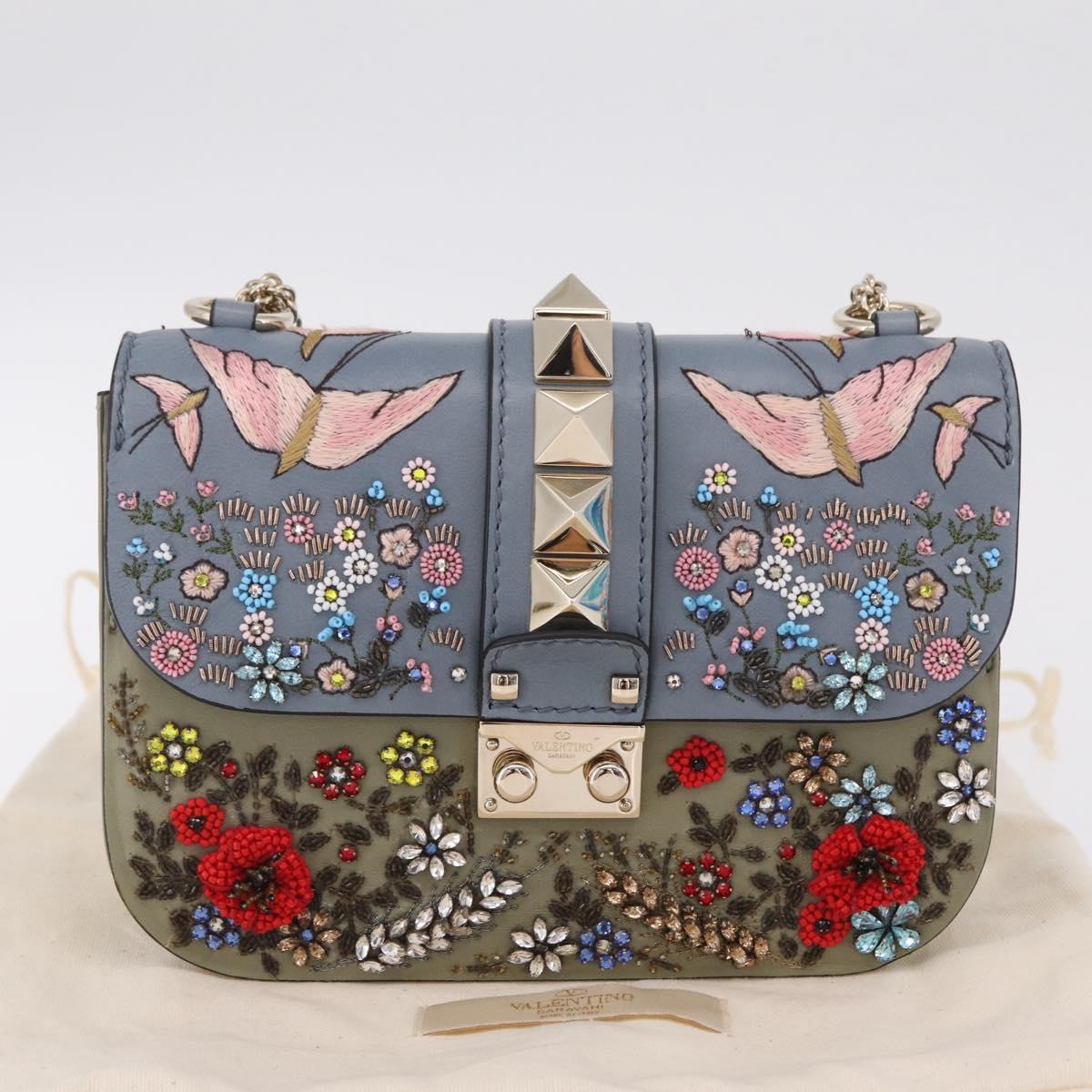 Valentino Chain Shoulder Bag Leather Light Blue Gold Auth 209984V