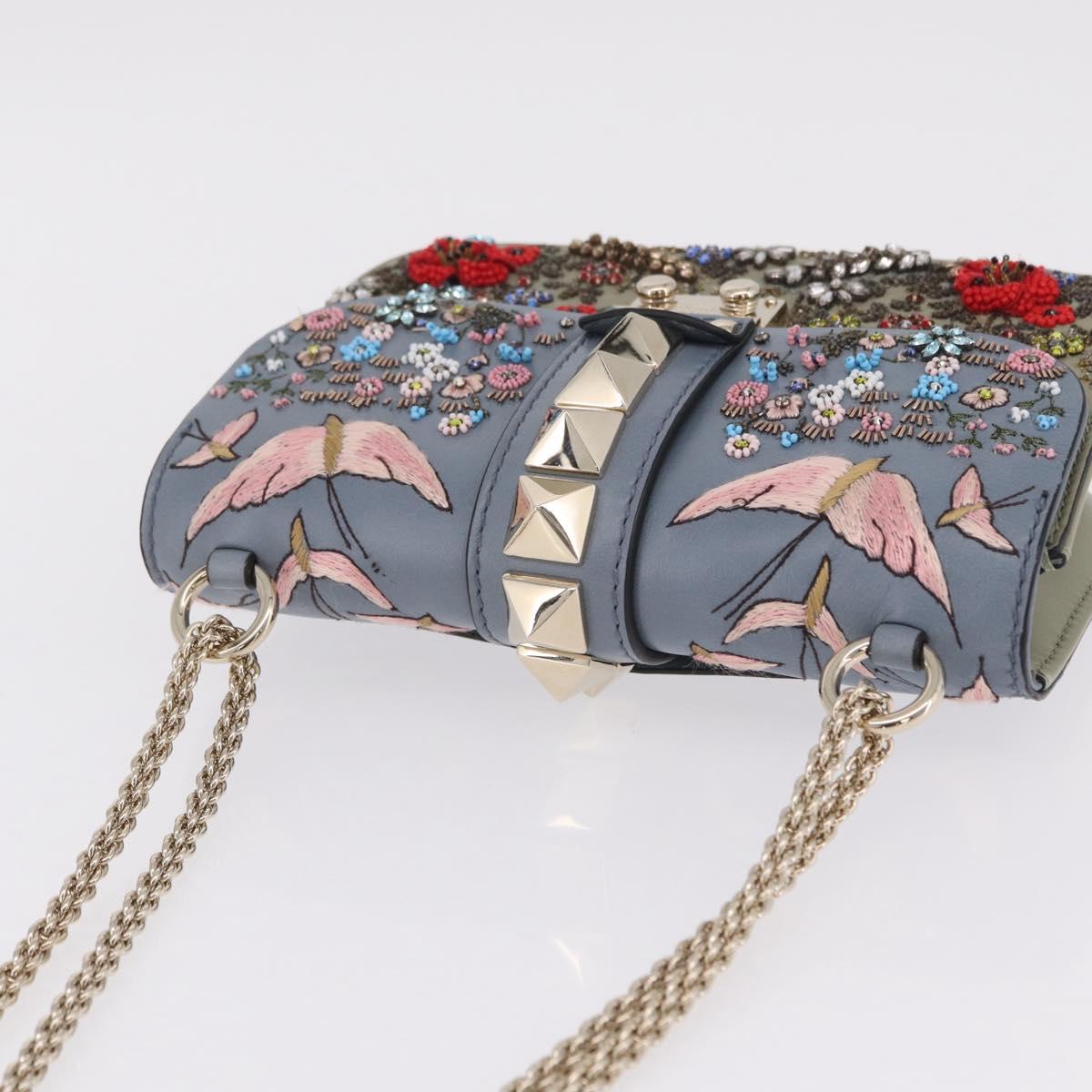 Valentino Chain Shoulder Bag Leather Light Blue Gold Auth 209984V