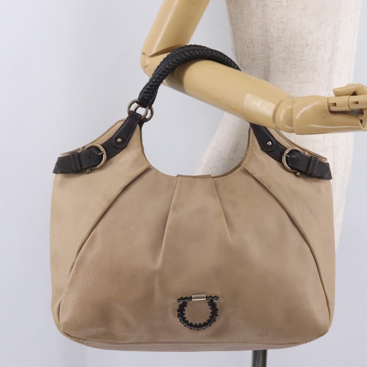Salvatore Ferragamo Gancini Shoulder Bag Leather Beige Auth 209985
