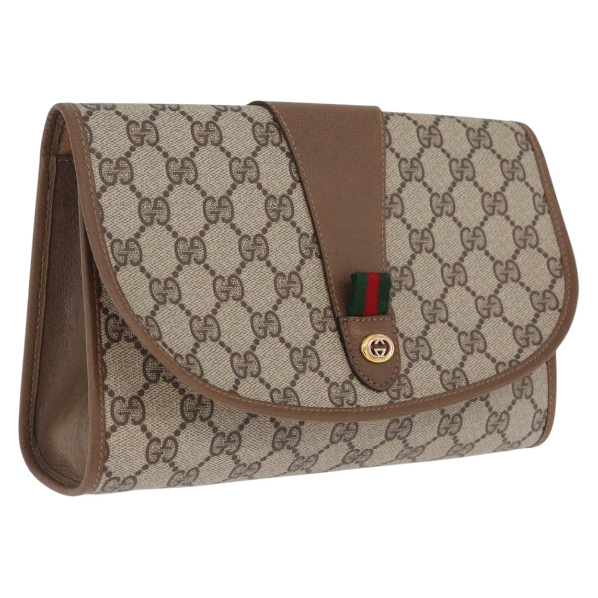GUCCI GG Supreme Web Sherry Line Clutch Bag PVC Beige Gold 89 01 030 Auth 209986